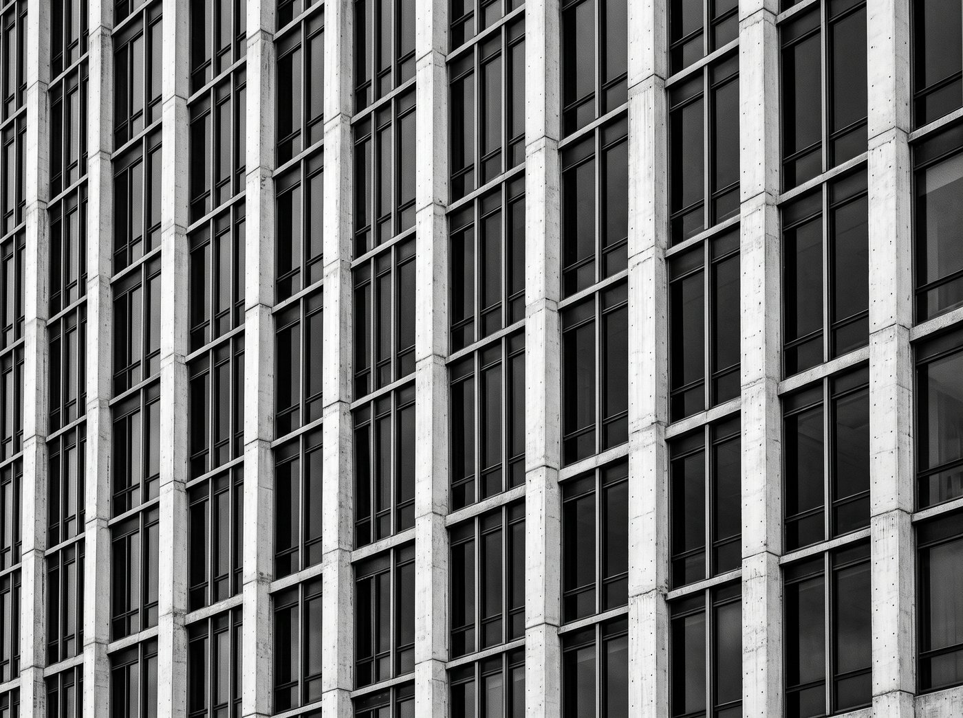 Abstract detail of a modern commercial high-rise facade showing a repeating grid of window mullions and concrete columns.