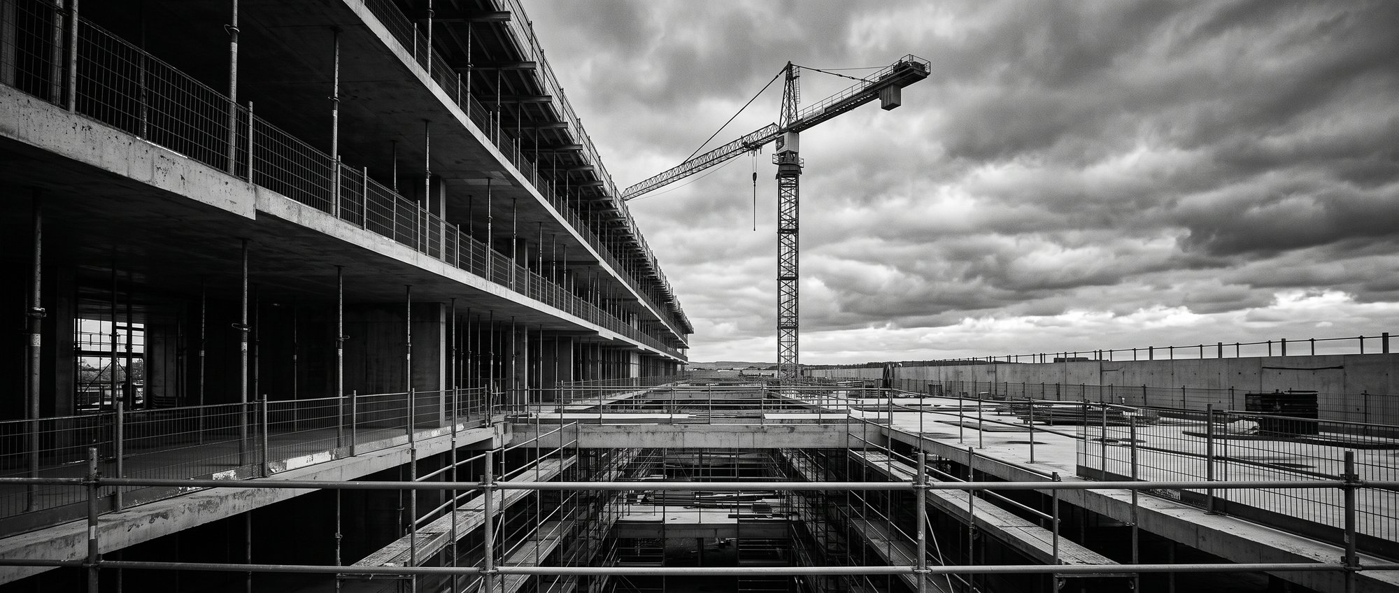 A commercial building under construction, exposed concrete floor slabs and a tower crane against an overcast sky.