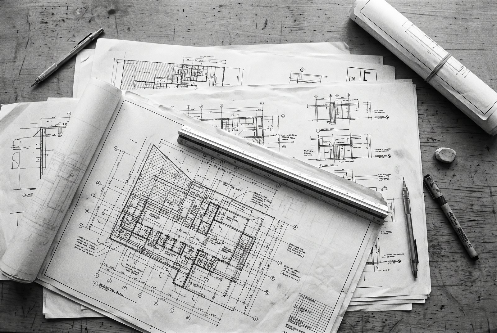 Overhead view of layered architectural site plans and technical construction drawings with a scale rule resting across them.